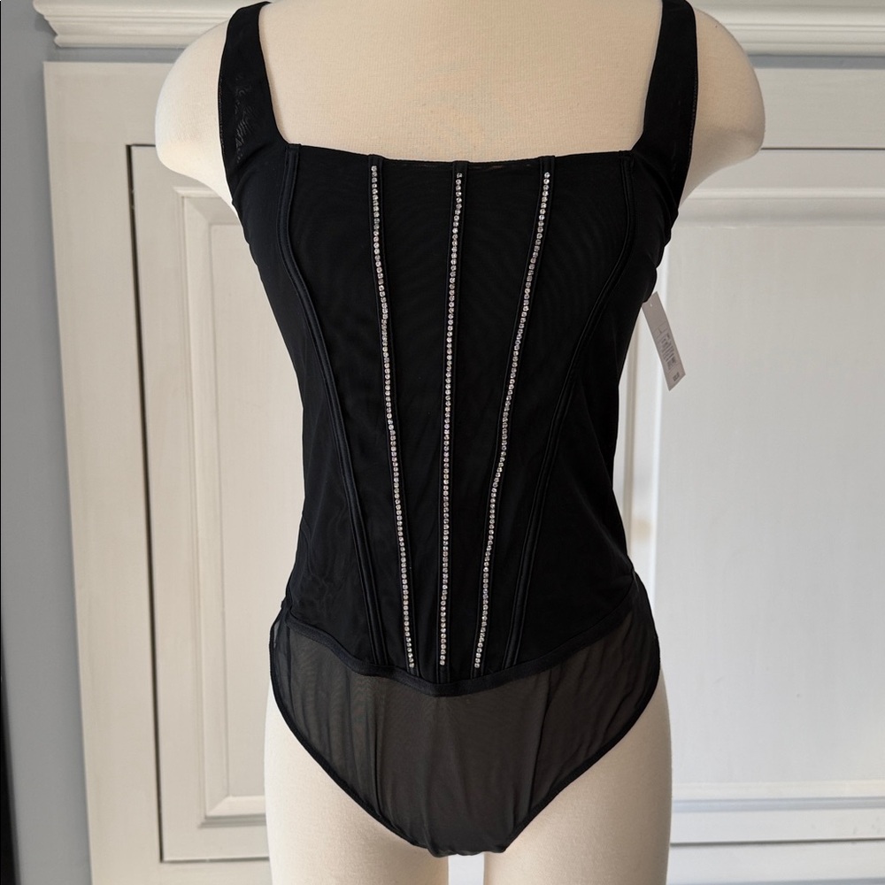 Auden Black Embellished Square-Neck Bodysuit